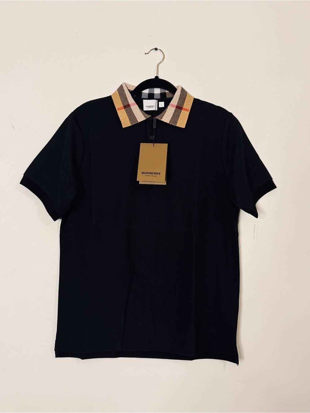 Burberry Black Polo with Classic Beige Check Collar